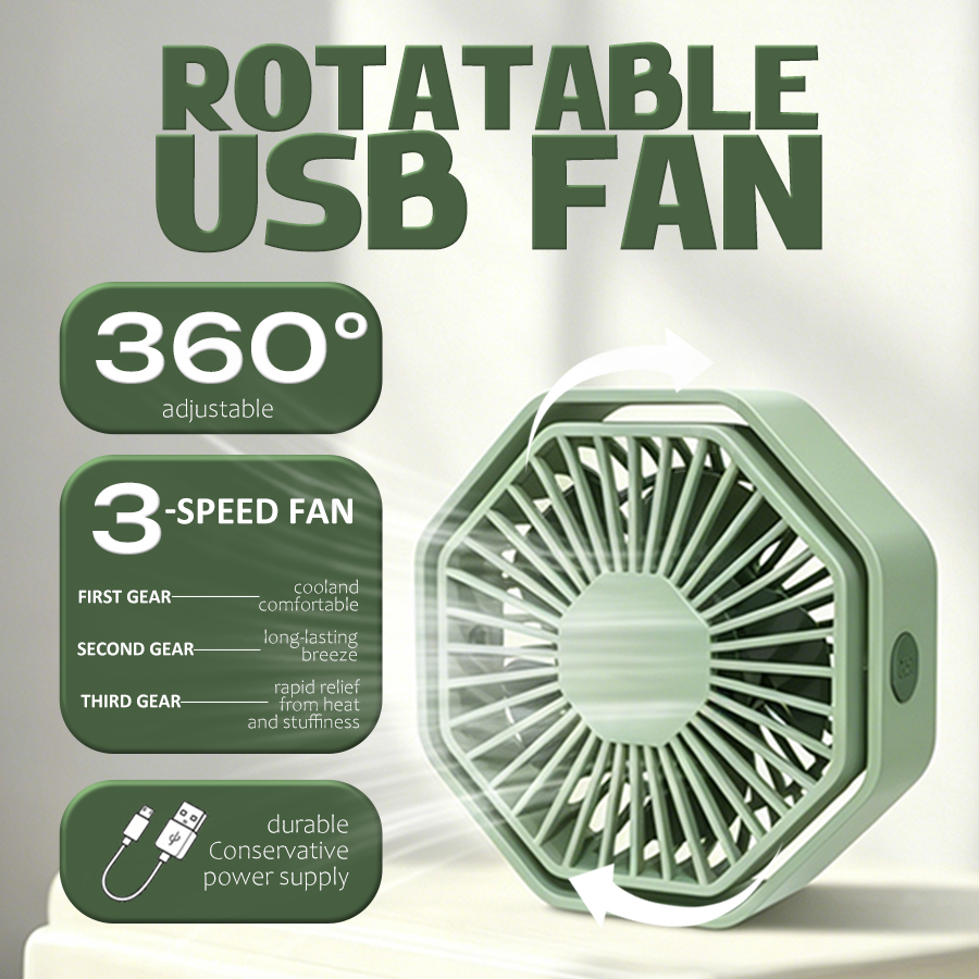 Usb Desk Fan - Sechseckiger USB-Tischventilator, 360° ° Schwenkbarer, 3-stufiger,