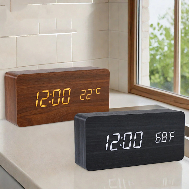 Led Desk Clock - Hölzerner Digitaler Wecker, LED-Uhr mit Zeit,