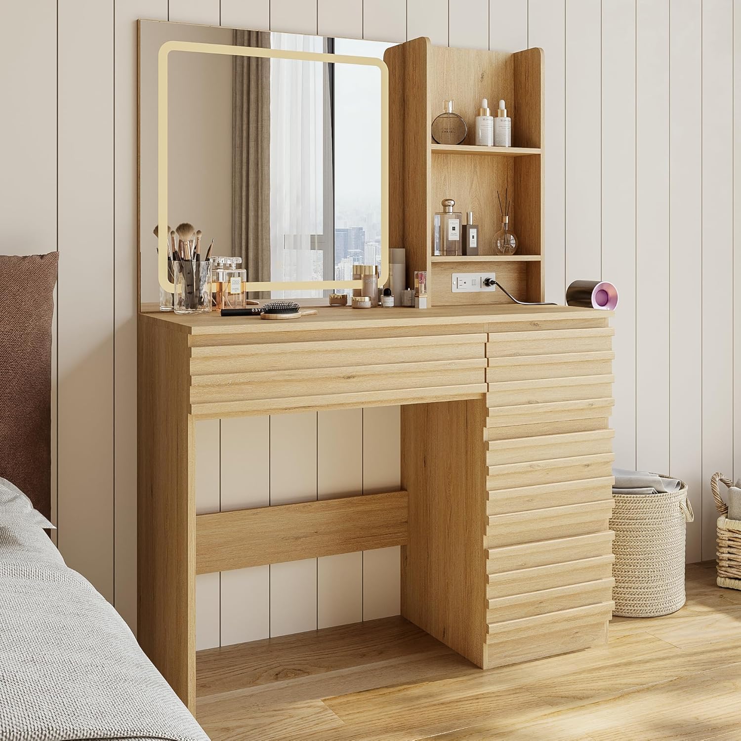Desk Charging Station - Schlafzimmer-Schminktisch-Set aus Eichenholz, Holzmaterial, 4 Schubladen,