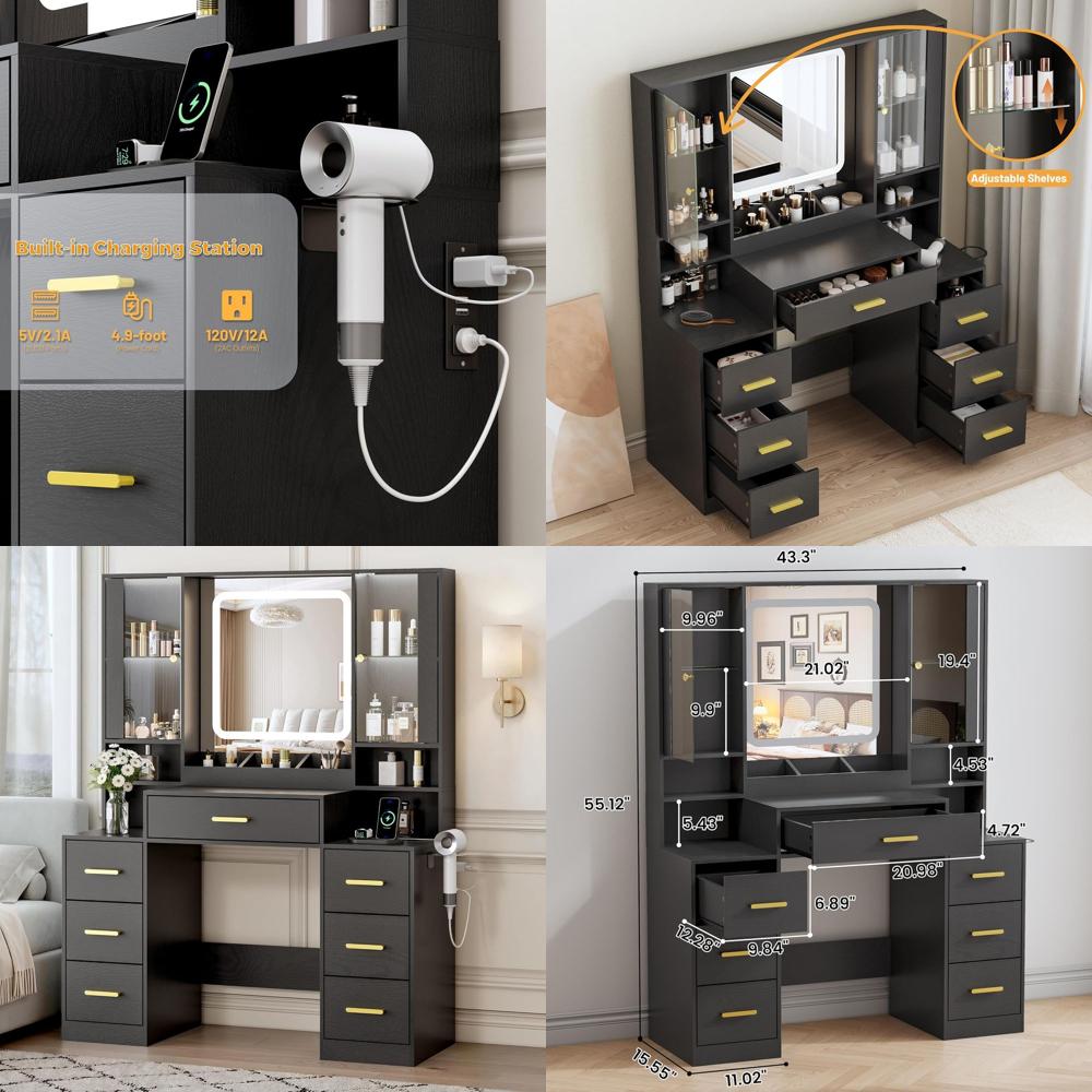 Desk Charging Station - Schminktisch mit 7 Schubladen, 2 Glasschränken,